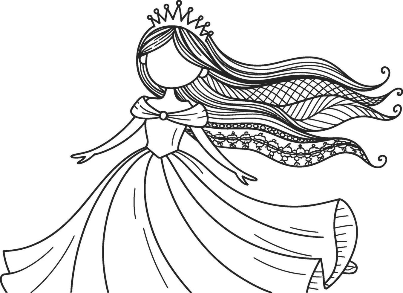 Elegant princess illustration in black and white line art style design vector