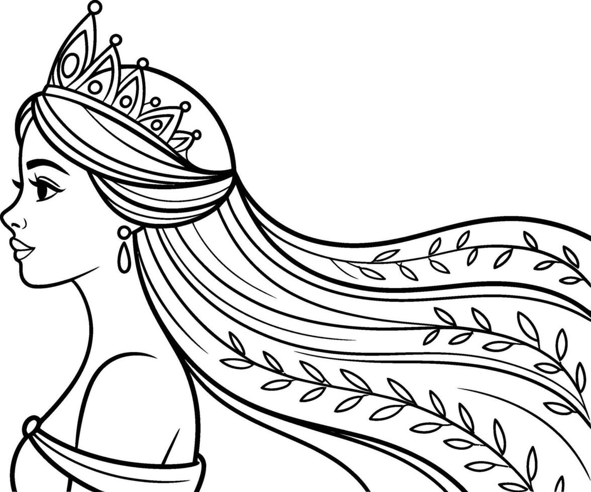 Elegant princess profile outline with tiara and flowing hair decorated with vines vector