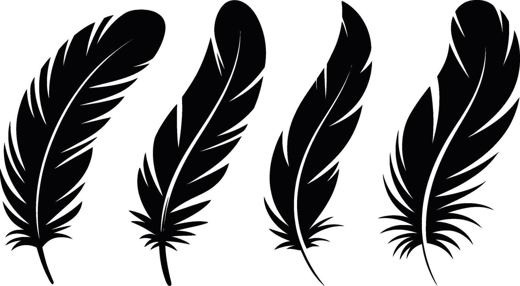 Collection of black feather silhouettes isolated on white background detailed design elements vector