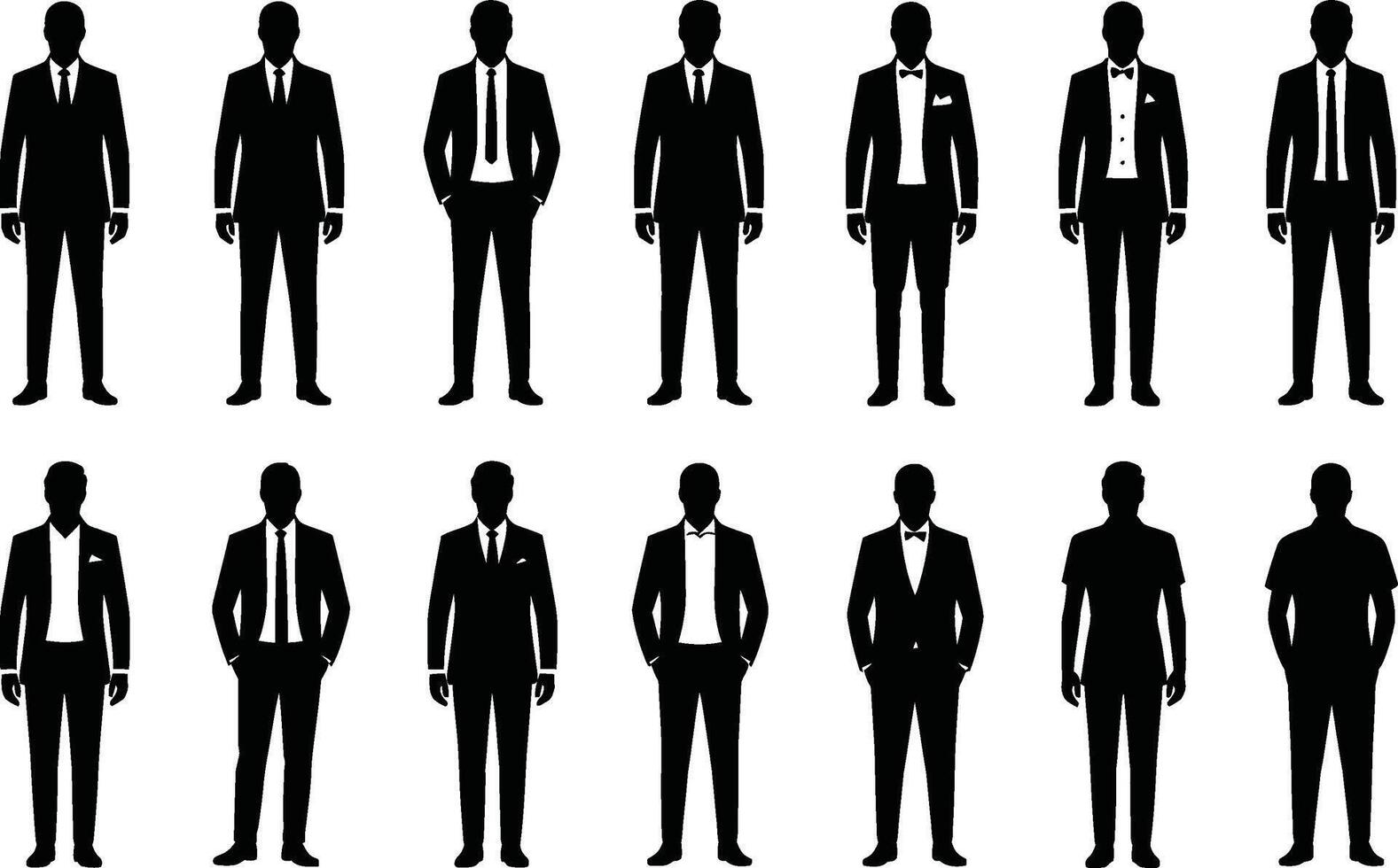 Diverse men silhouettes in formal attire black and white illustration vector