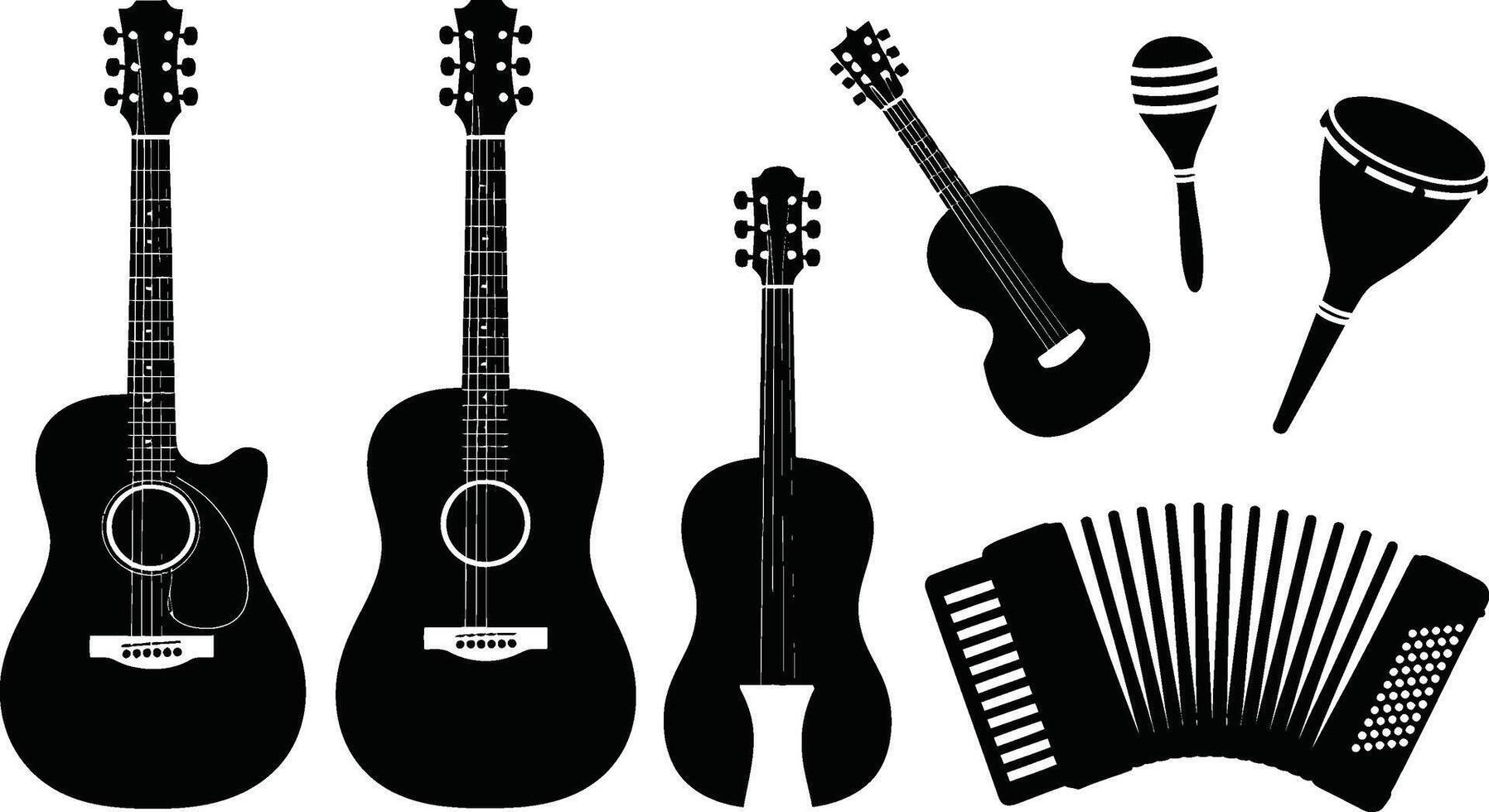 Collection of musical instruments black silhouettes featuring guitar accordion and percussion elements vector