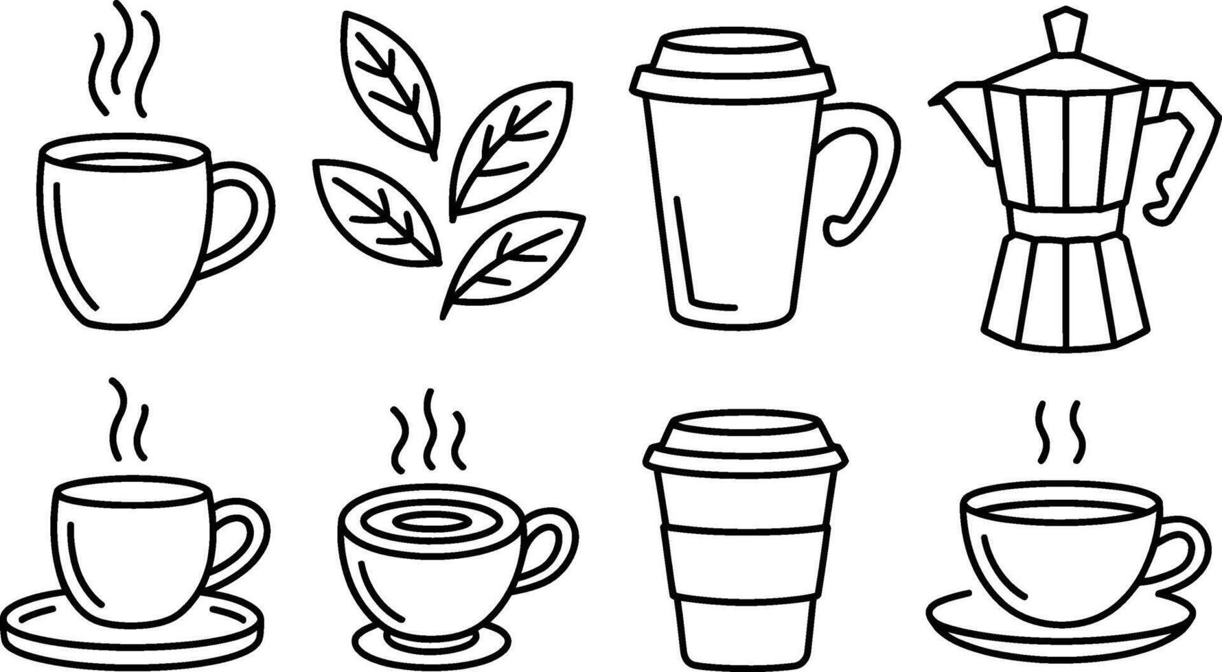 Coffee and tea doodle illustration with cups and moka pot vector