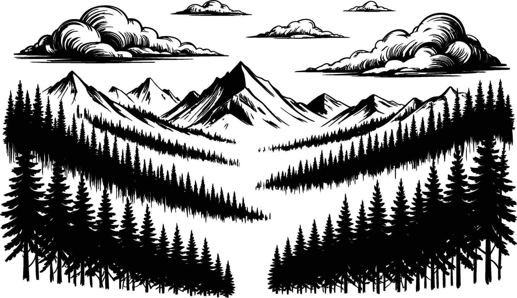 Engraved mountain landscape scene with pine forests and dramatic clouds in black and white vector