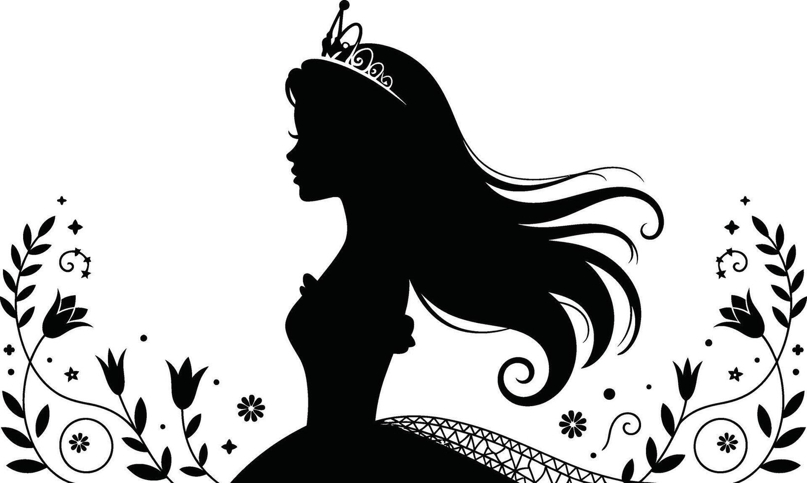 Elegant princess silhouette with crown and floral ornamentation in black and white vector