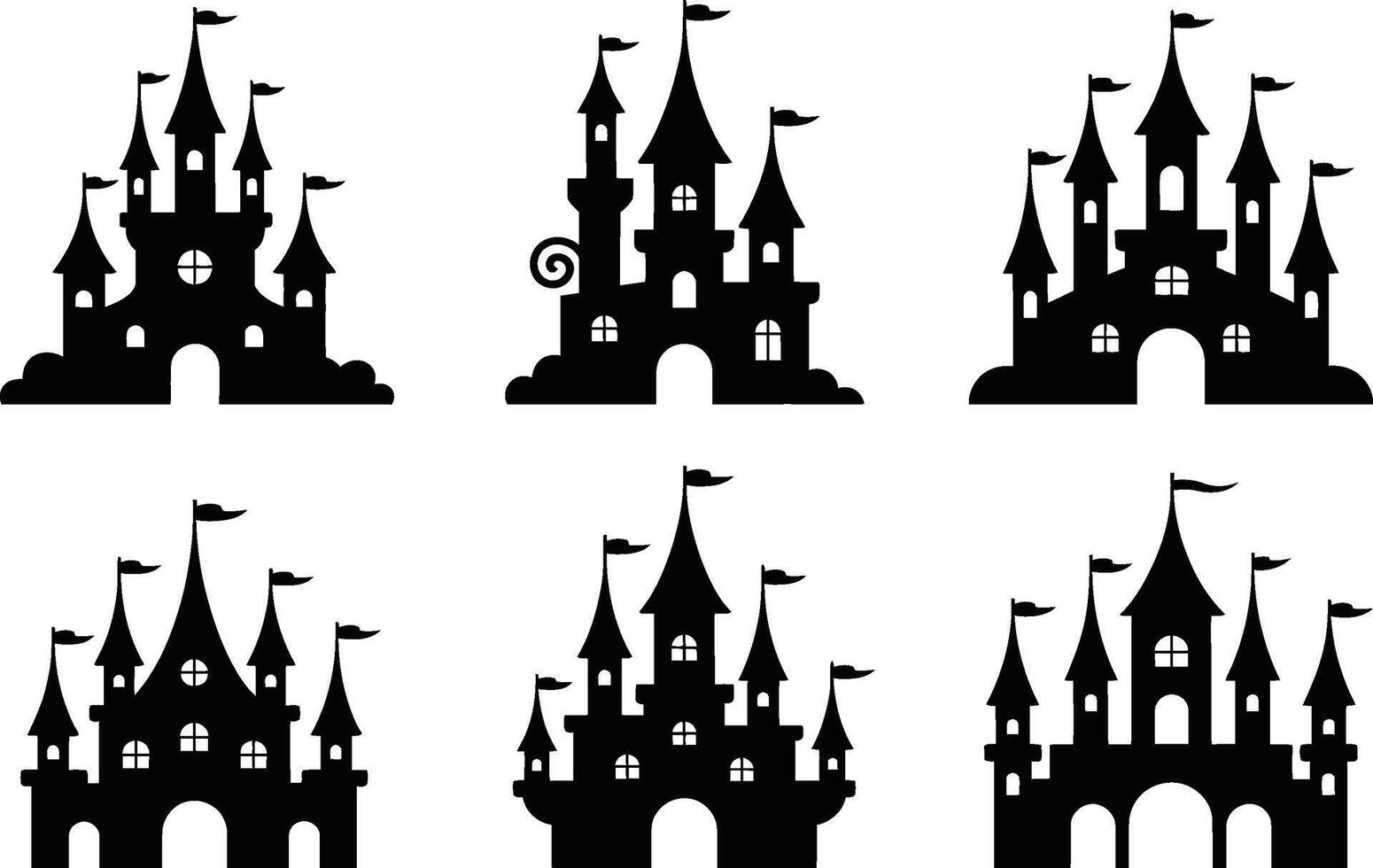 Collection of fantasy castle silhouettes black isolated on white background vector