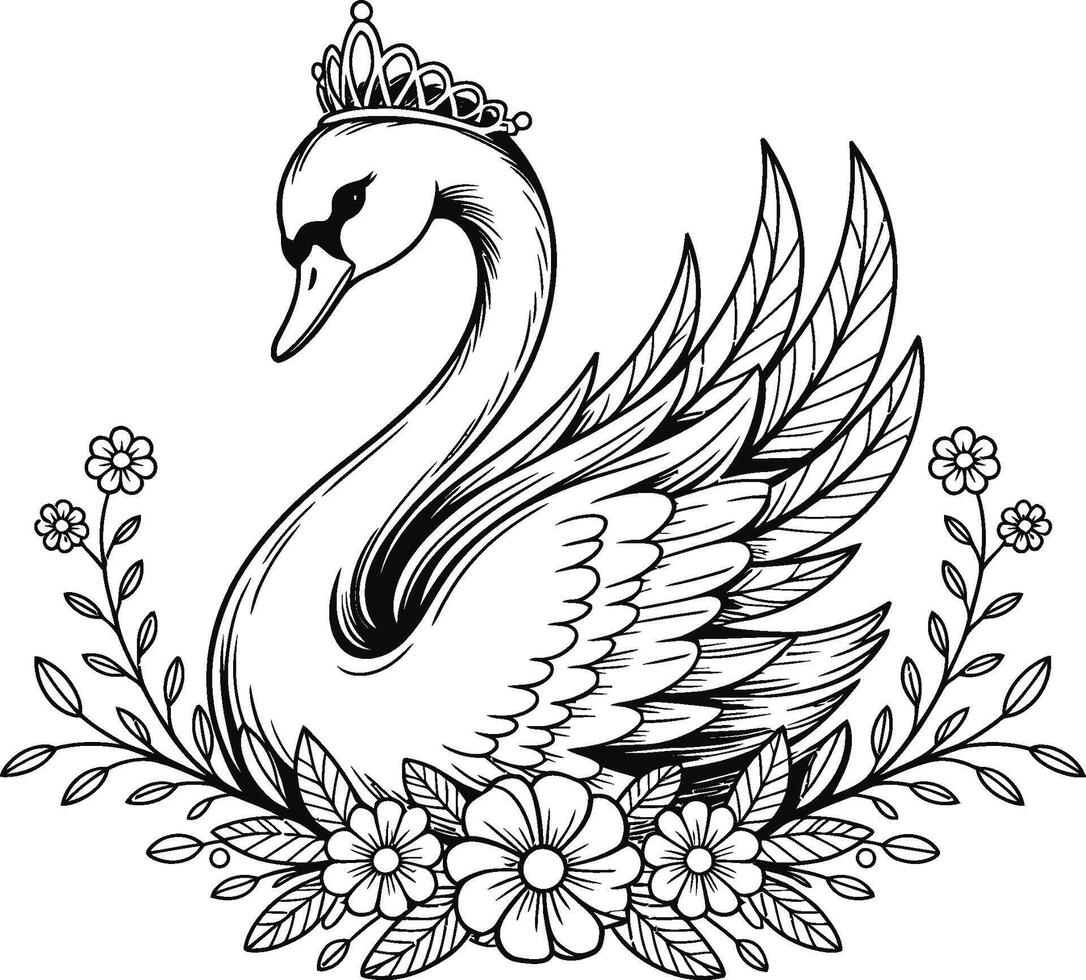 Elegant swan with crown surrounded by flowers black and white illustration vector