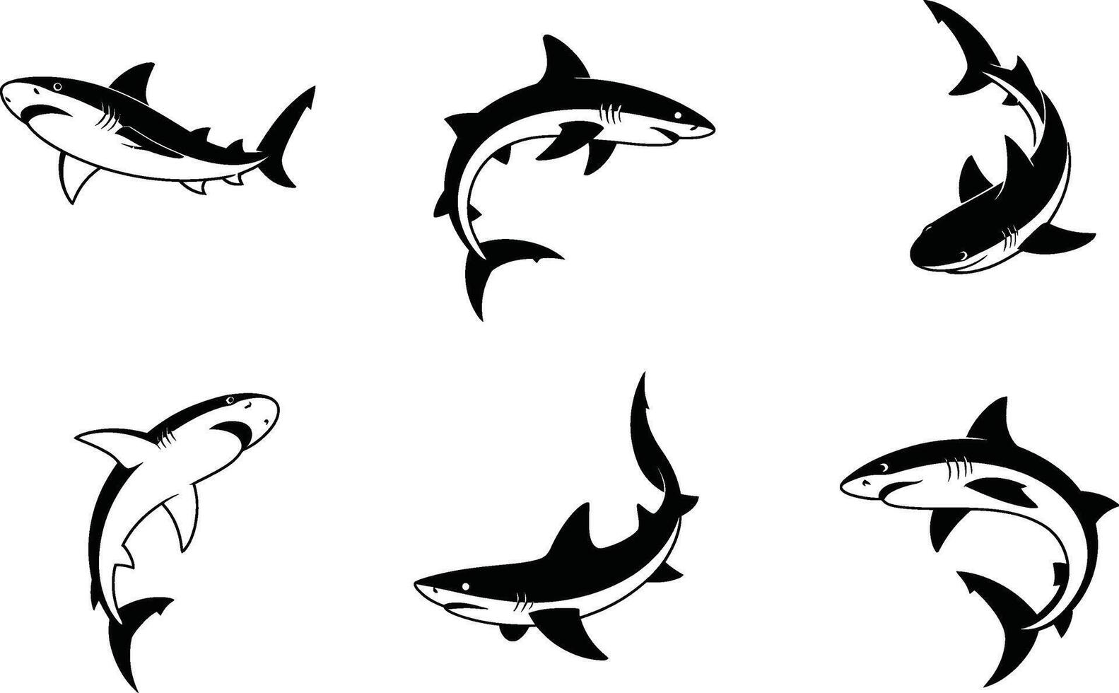 Shark silhouette collection marine predator animals art designs vector