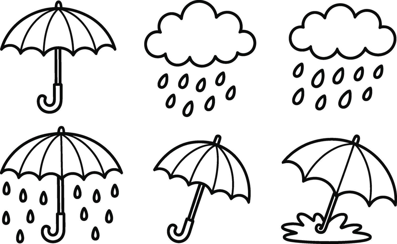 Black and white outline illustration featuring rain clouds and umbrellas designs vector