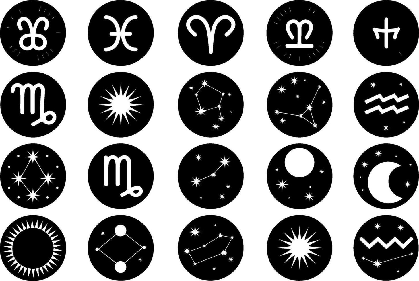 Black and white zodiac signs and constellations set in circle icons vector