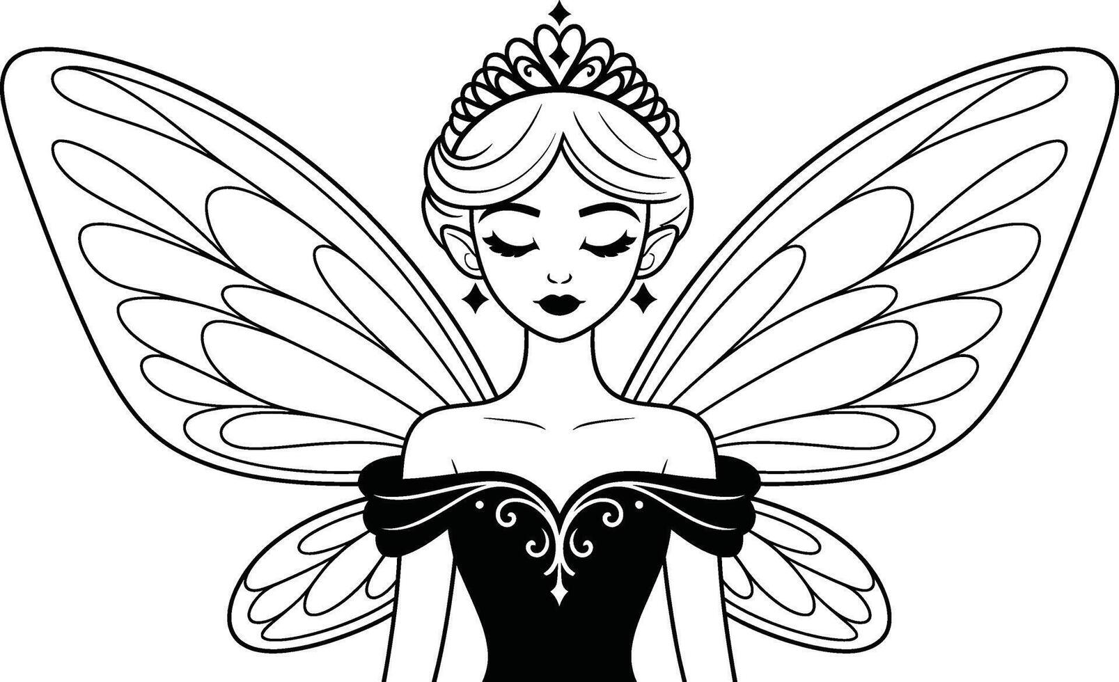 Elegant fairy princess with butterfly wings in black and white outlines vector