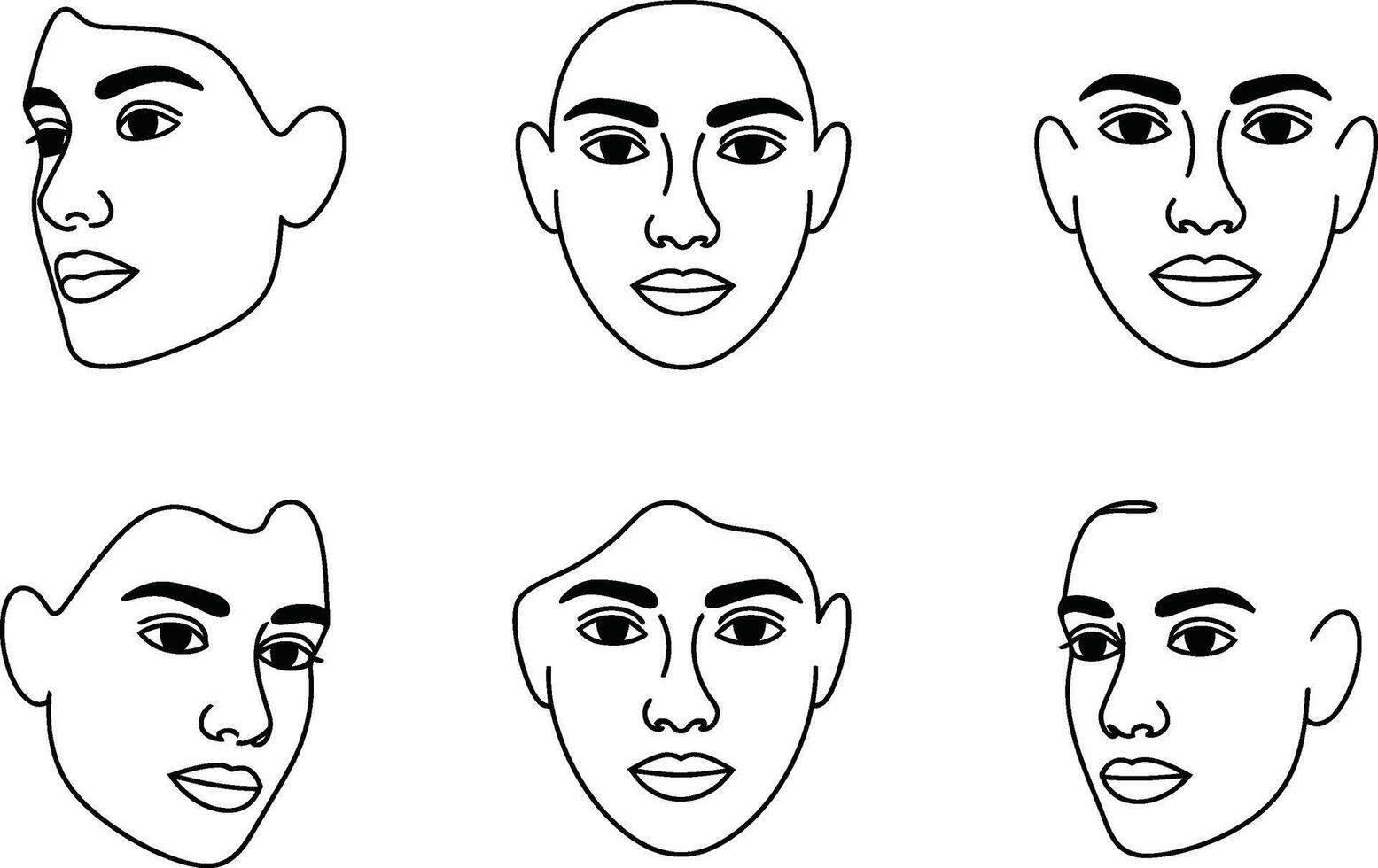 Minimalist line art collection of human faces in various perspectives and expressions vector