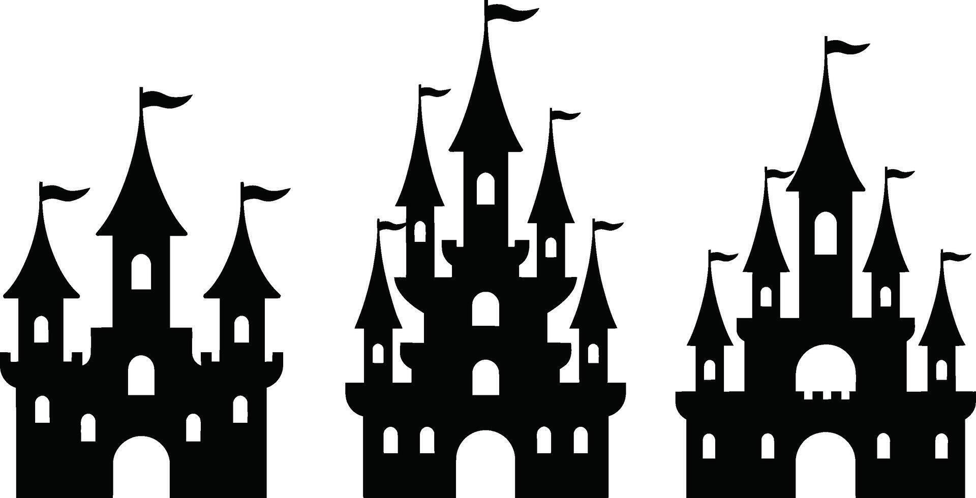 Fantasy castles silhouette illustrations set for fairy tale theme designs vector