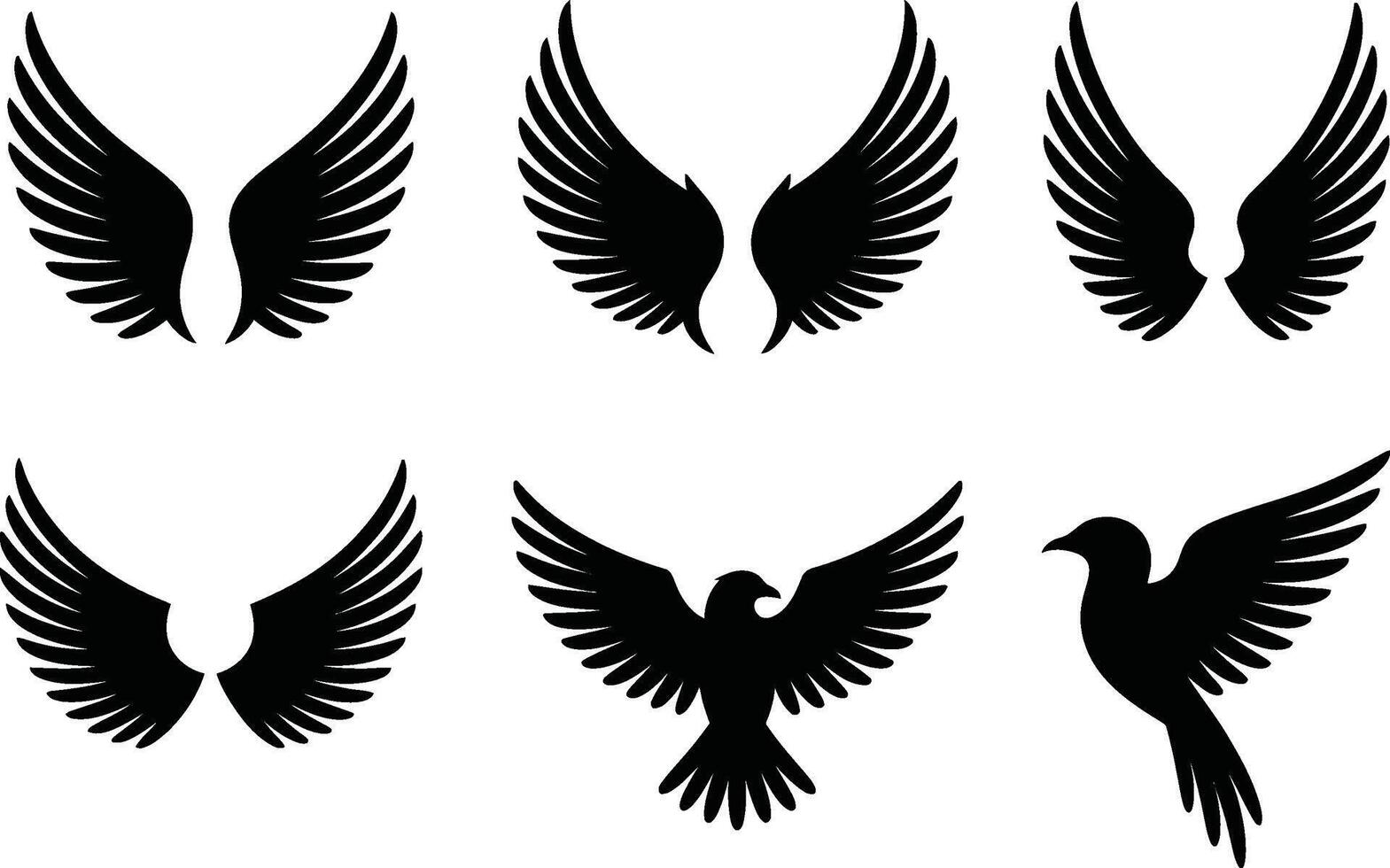 Black bird and wing art illustration collection on white background vector