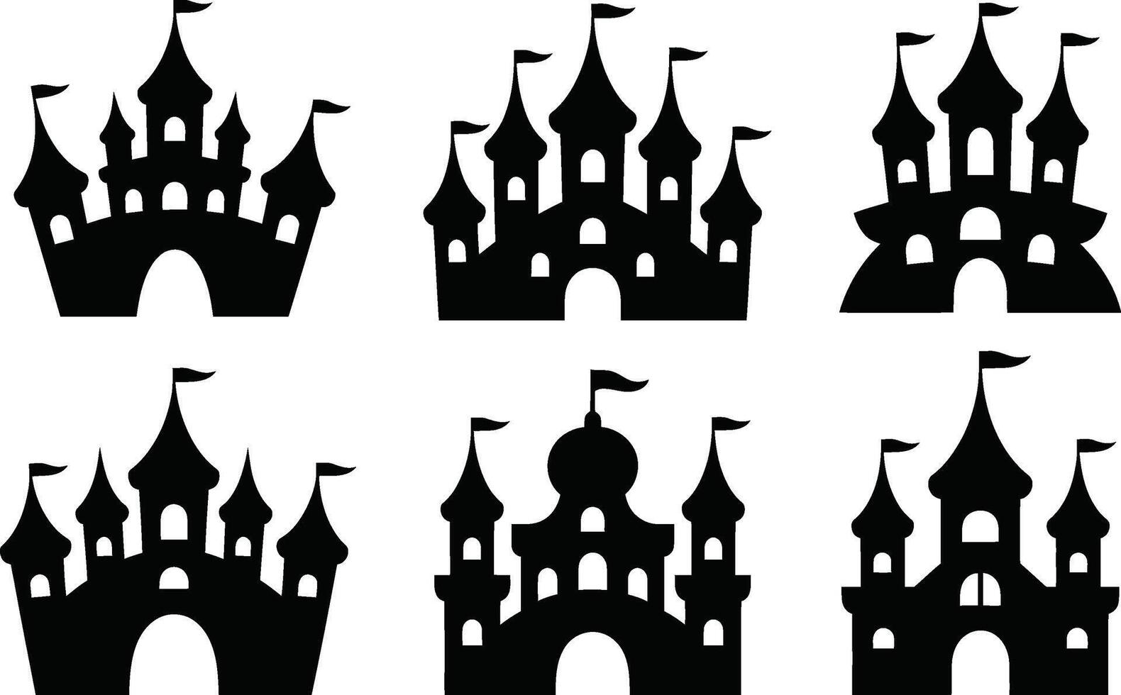 Collection of black castle silhouettes isolated on white background illustration vector