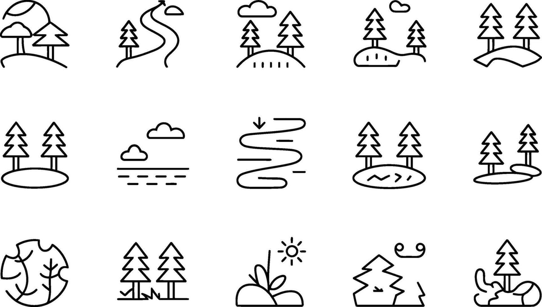 Minimalist outline icon set depicting nature,landscape,and elements of ecology vector