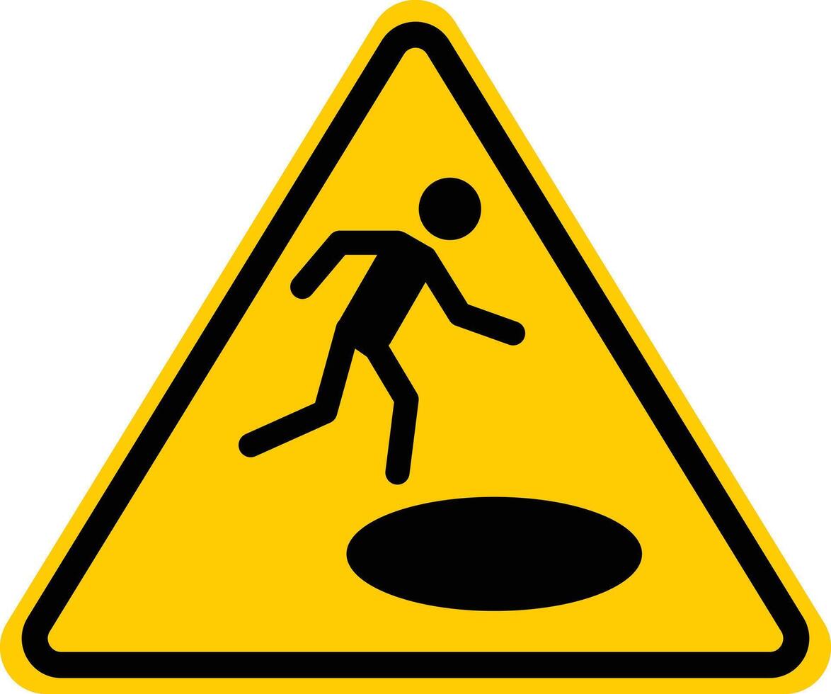 Hole in ground warning sign. Risk of death or injury. Large crater symbol. Do not jump sign. vector