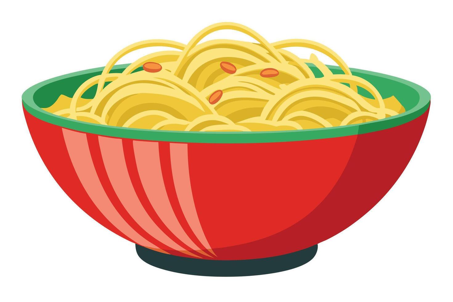 Delicious Bowl of Noodles A Tempting Image of Golden Noodles in a Red and Green Striped Bowl, Appetizing Food Photography vector