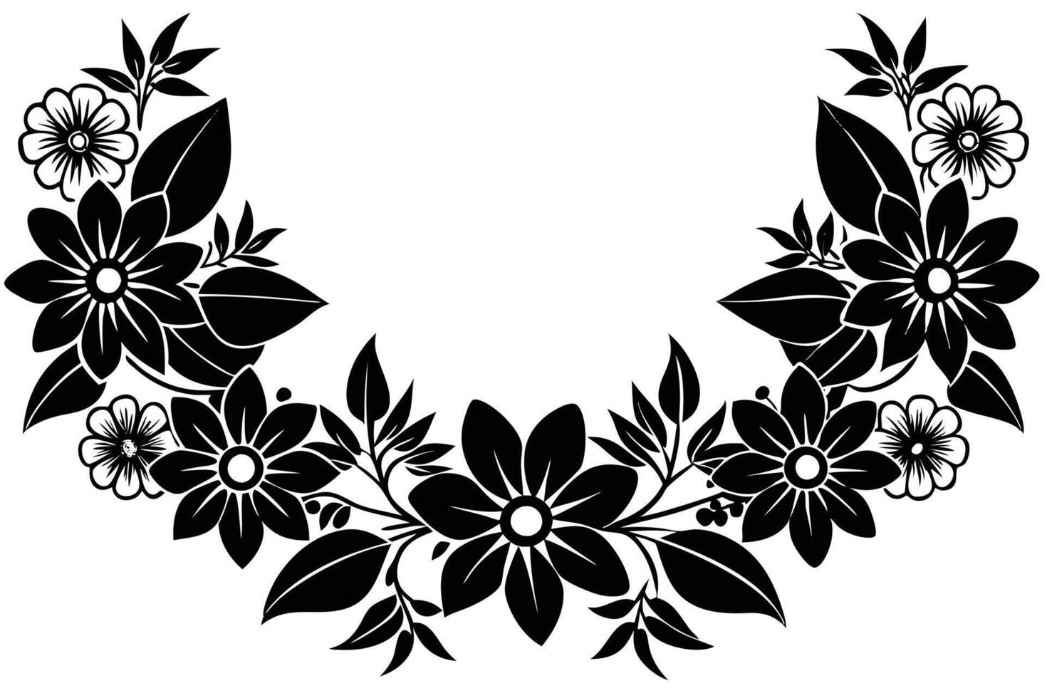 Elegant Black and White Floral Wreath Design A Striking Silhouette of Flowers and Leaves Creating a Dramatic, Romantic Border vector