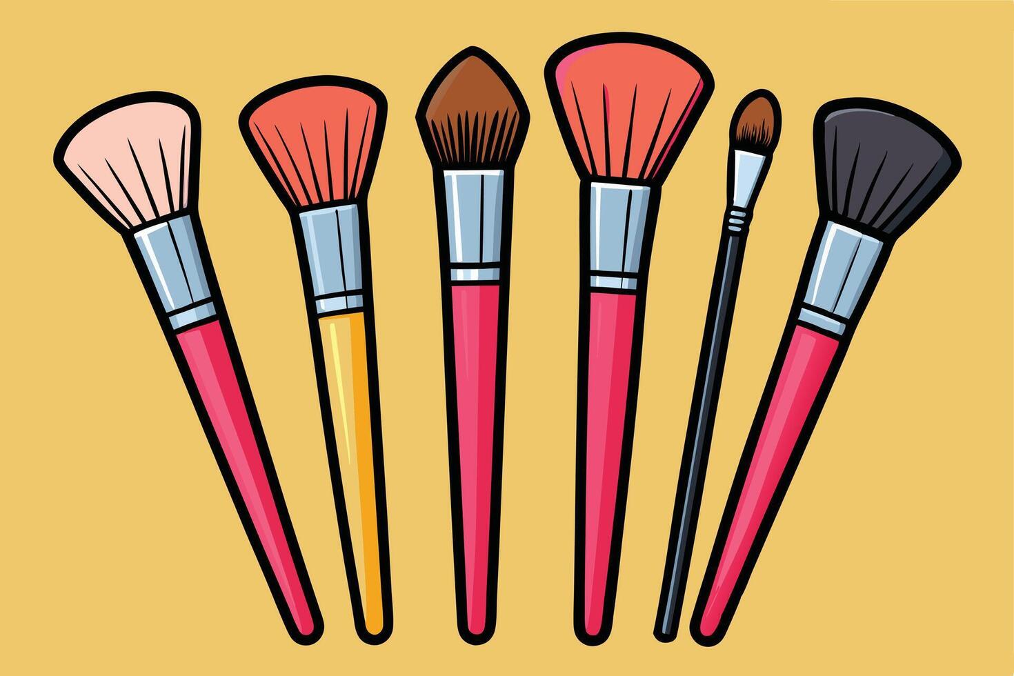 Seven Vibrant Makeup Brushes Arranged Against a Warm Yellow Background, Ready for a Glamorous Makeup Application vector