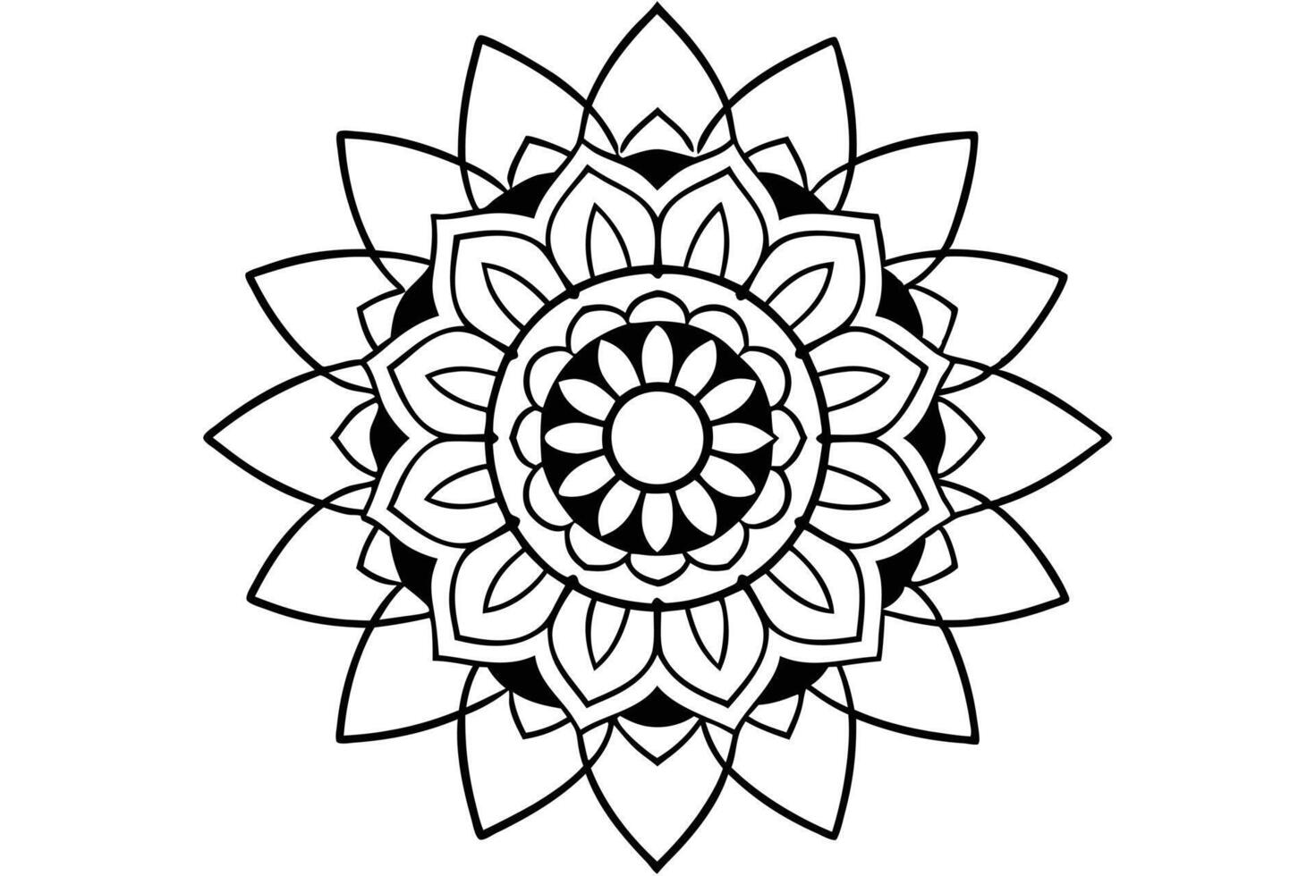 Serene Black and White Mandala Design Intricate Circular Flower Pattern for Coloring, Meditation, and Spiritual Art vector