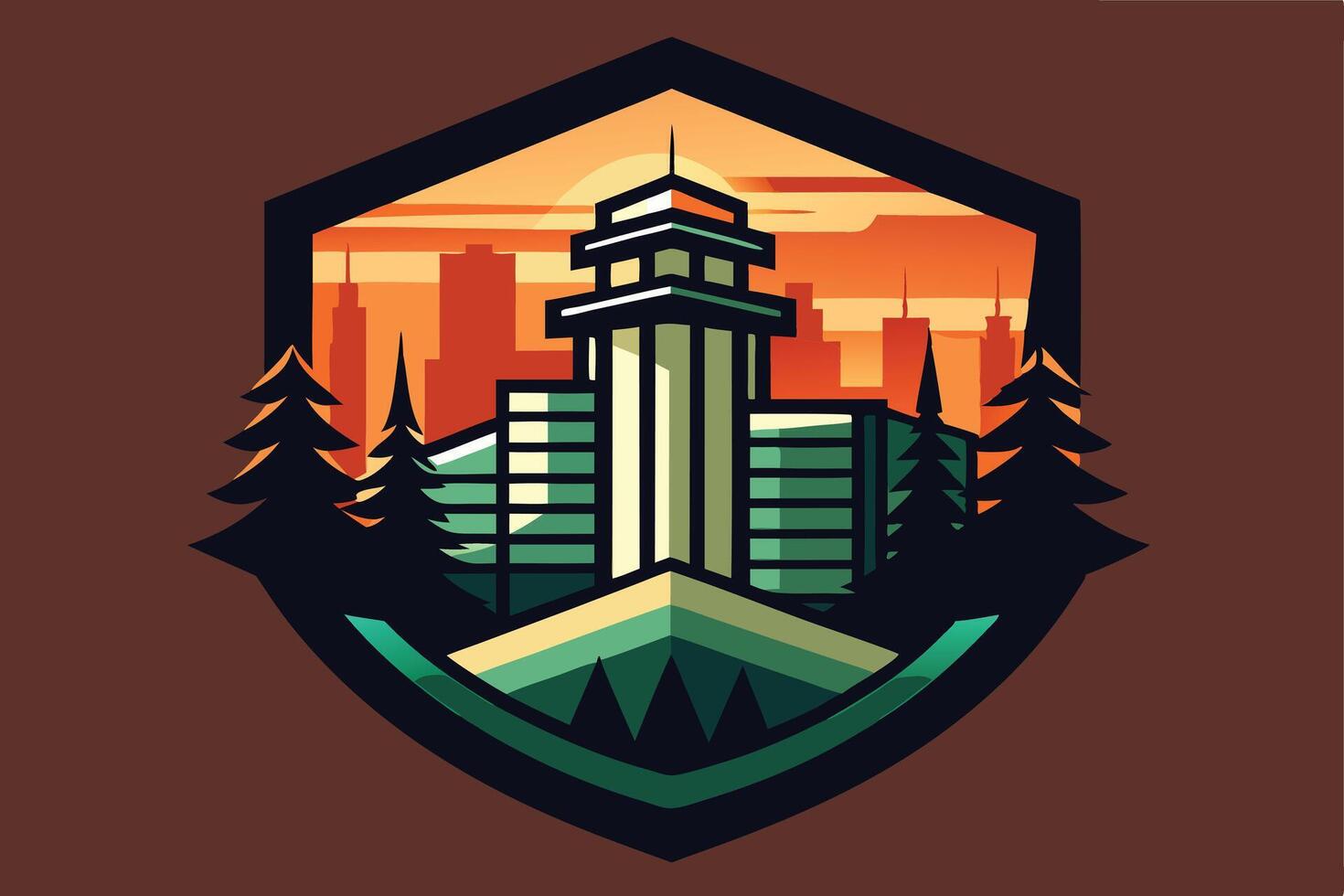 Majestic Cityscape at Sunset Urban Tower Silhouette Framed by Evergreen Trees in a Stylish Badge Design vector