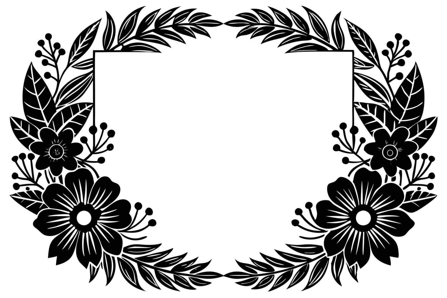Elegant Black and White Floral Frame Design for Invitations, Featuring Dark Blooms and Greenery, Perfect for Wedding or Special Occasions vector