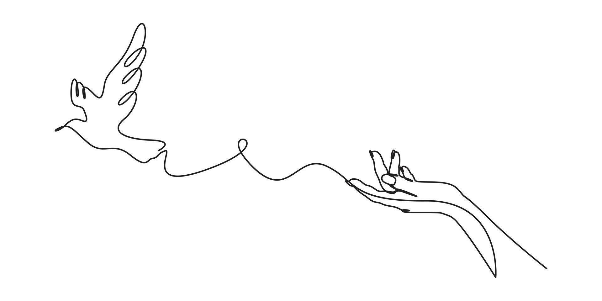 Continuous single line drawing of hands with flying dove and olive branch graphic illustration vector