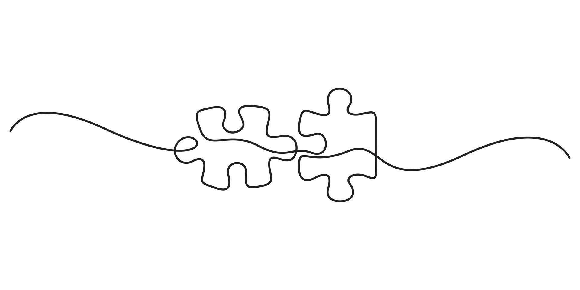 Continuous line drawing of two puzzle pieces. Problem solving and solution business metaphor. Single line drawing of puzzle piece for idea, business, thinking process, creativity. Graphic illustration vector