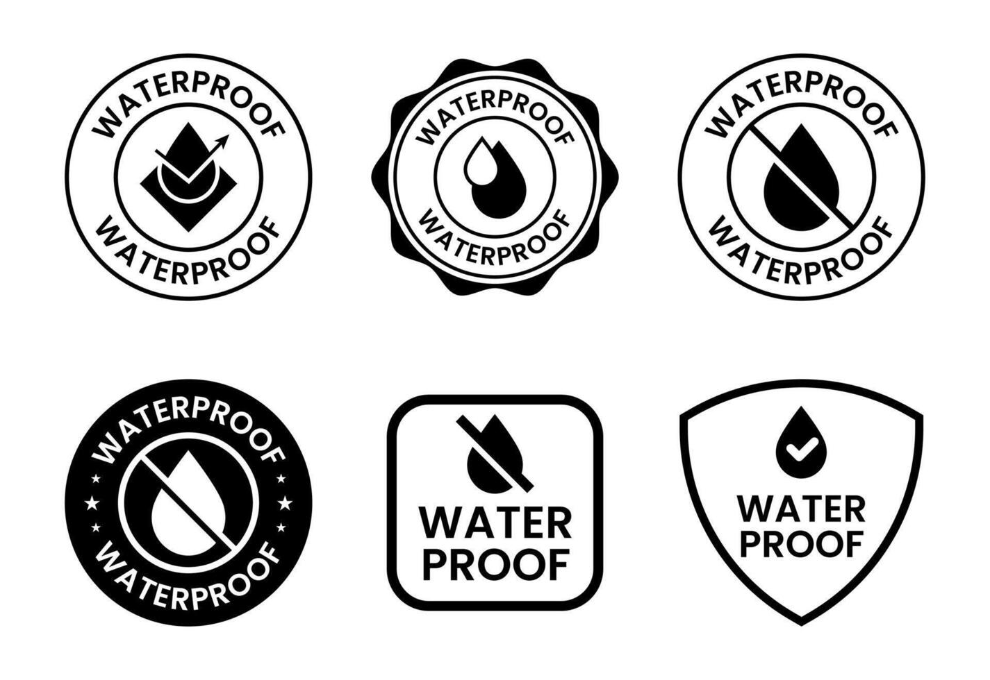 Waterproof icons set design, water resistant signs, liquid proof protection black on white background vector