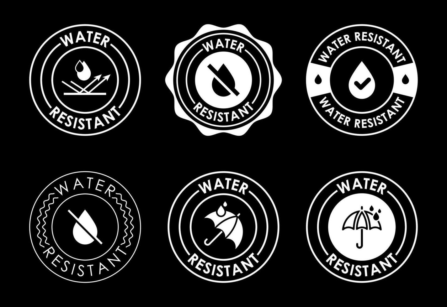 Water resistant icons set design, Waterproof sign, liquid proof protection white on black background vector