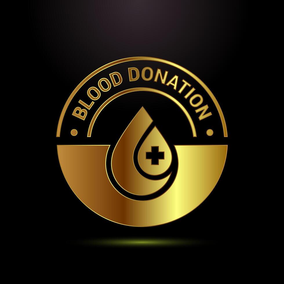 Blood donation icon design illustration, Donate blood badge sign in gold color style vector