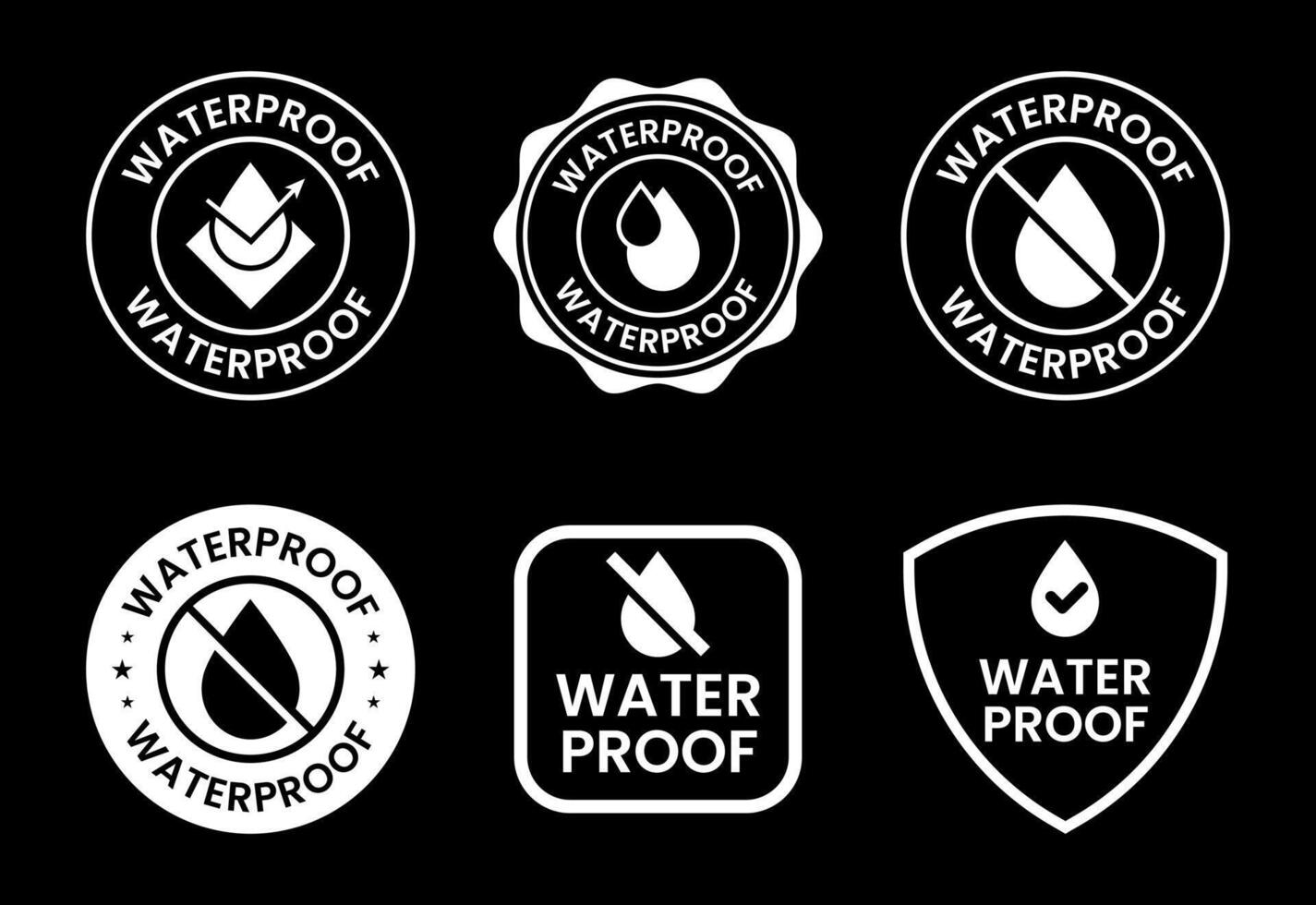 Waterproof icons set design, water resistant signs, liquid proof protection white on black background vector