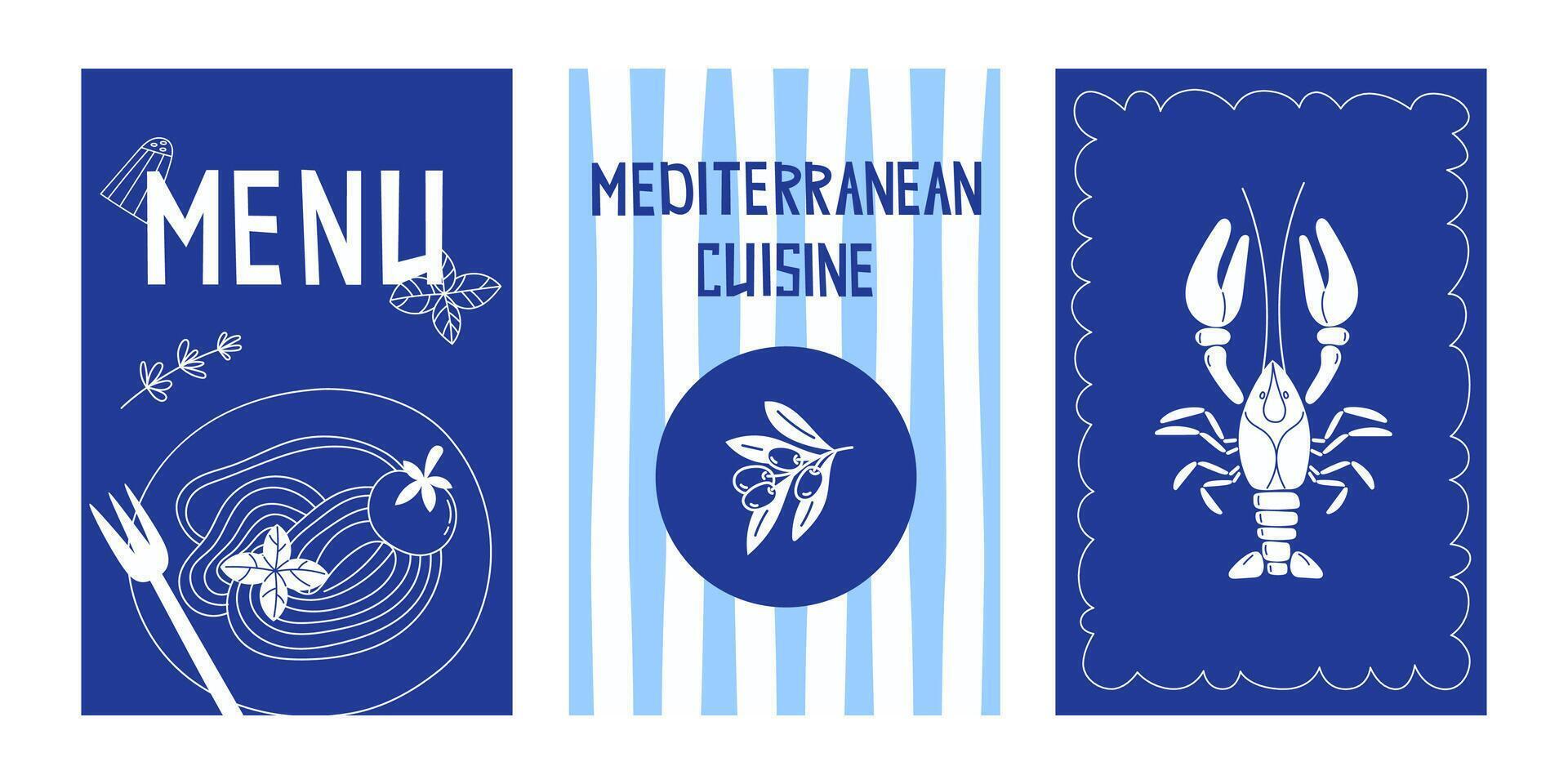 Set of Mediterranean Cuisine Food Posters in Flat Style for Menu Design vector