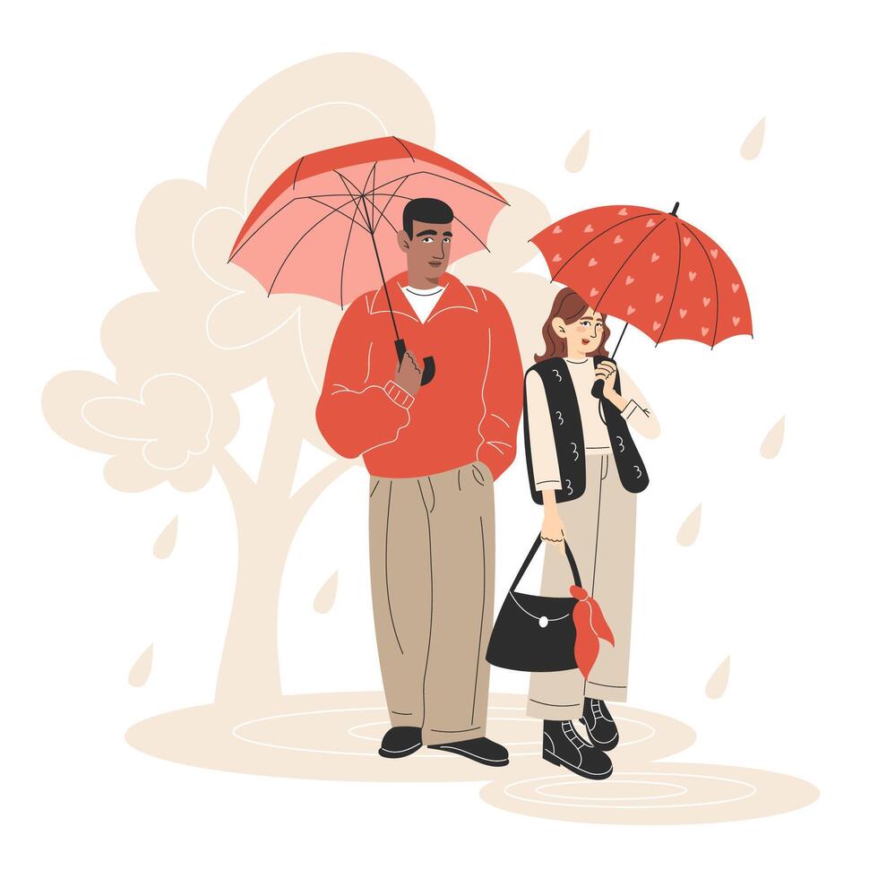 Couple with umbrellas on a rainy day vector