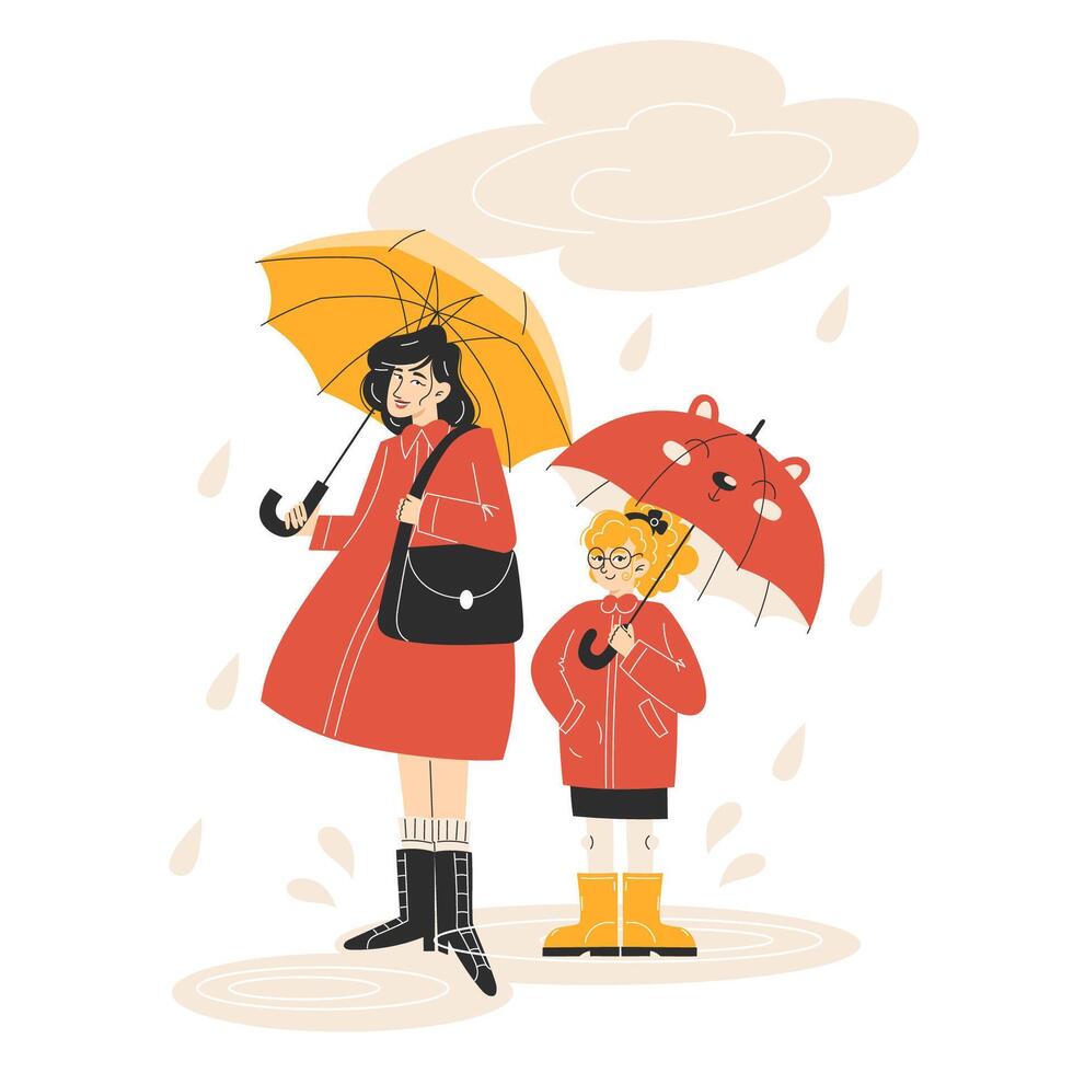 Mother and child with umbrellas in rain vector