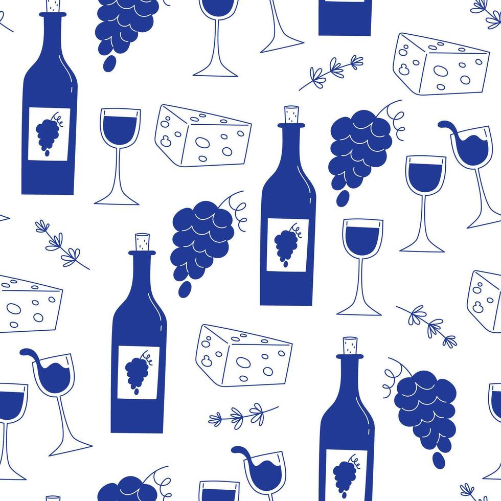 Seamless pattern wine bottles cheese glasses grapes flat style vector