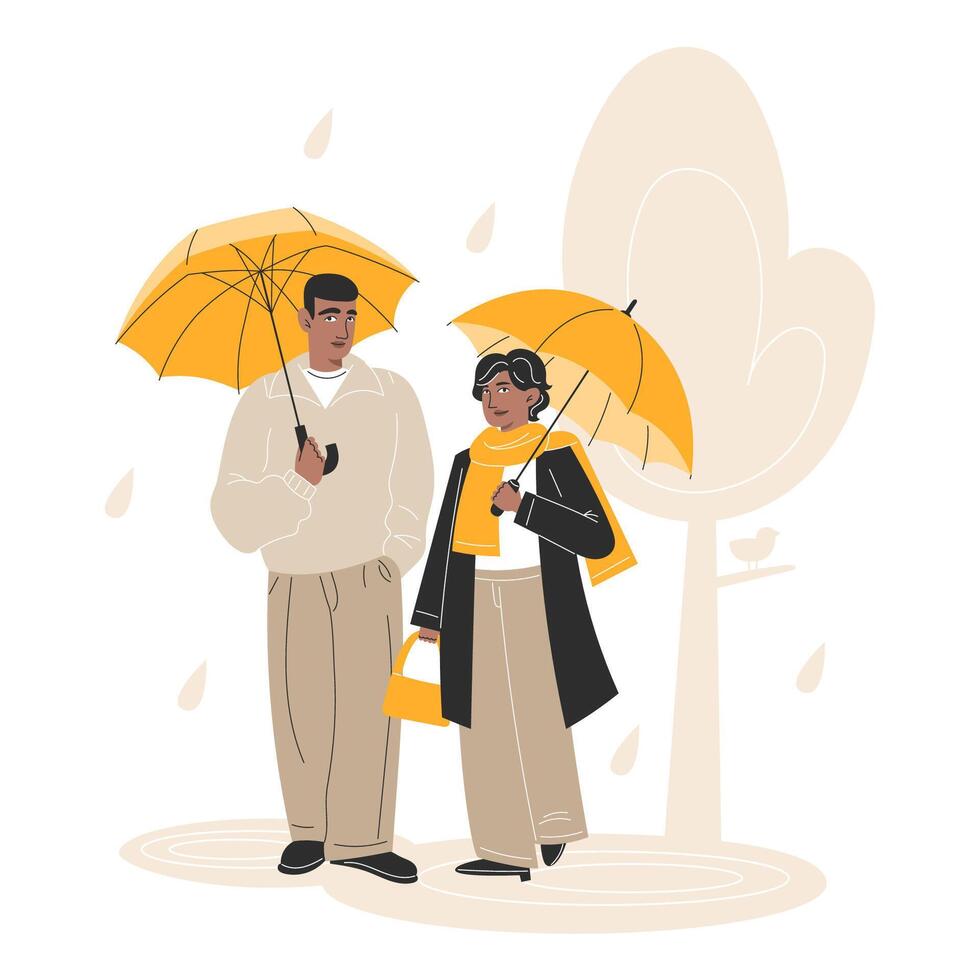 Couple with yellow umbrellas in rain vector