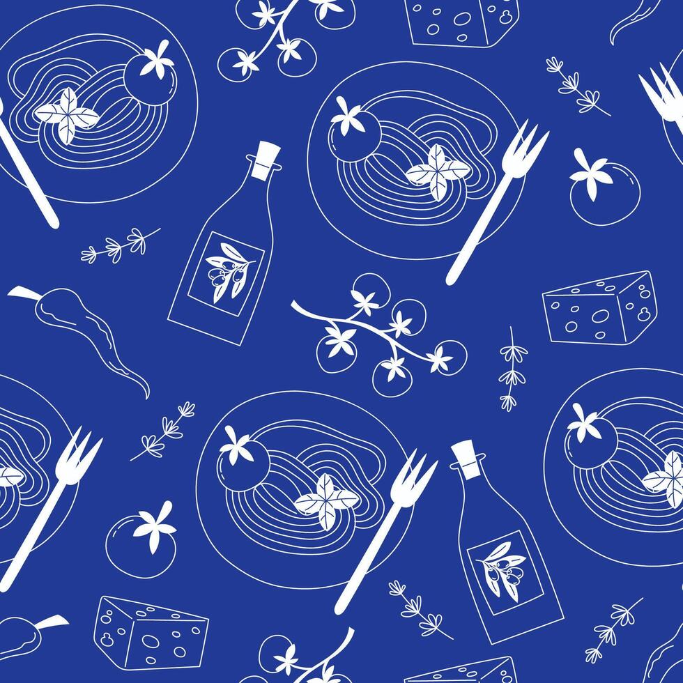 Seamless Pattern of Italian Spaghetti and Mediterranean Ingredients in Flat Style on Blue Background vector