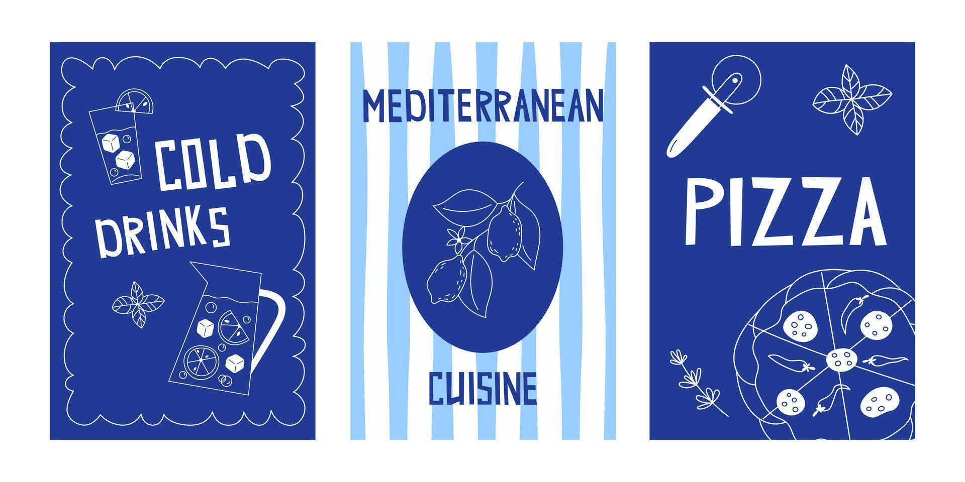 Set of Flat Style Posters with Mediterranean Food and Drinks for Summer Menu Design Featuring Pizza and Cold Beverages vector