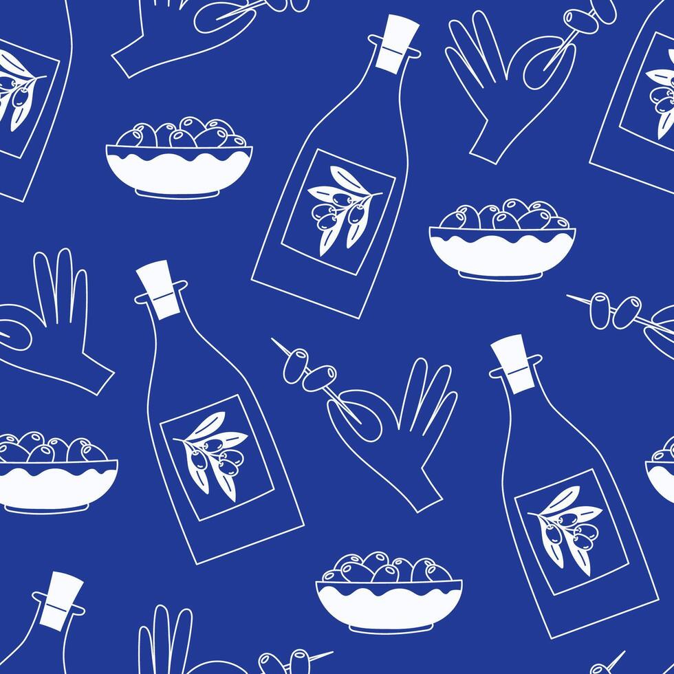 Seamless pattern of olives and olive oil in flat Mediterranean style vector
