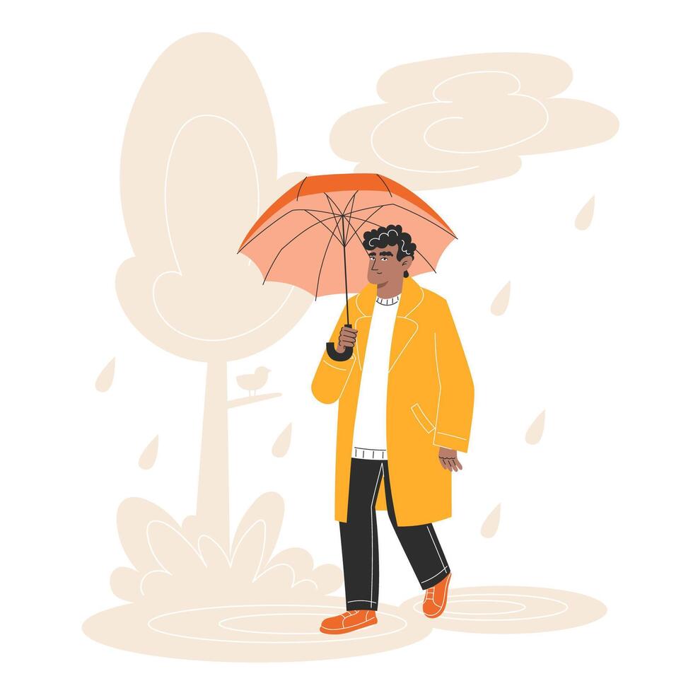 Young Man in Autumn Coat Walking in the Park with Umbrella in the Rain Flat Style Illustration vector