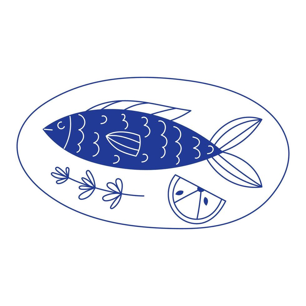 Flat Style Illustration of Mediterranean Fish Dish with Lemon Slice and Rosemary on White Background vector