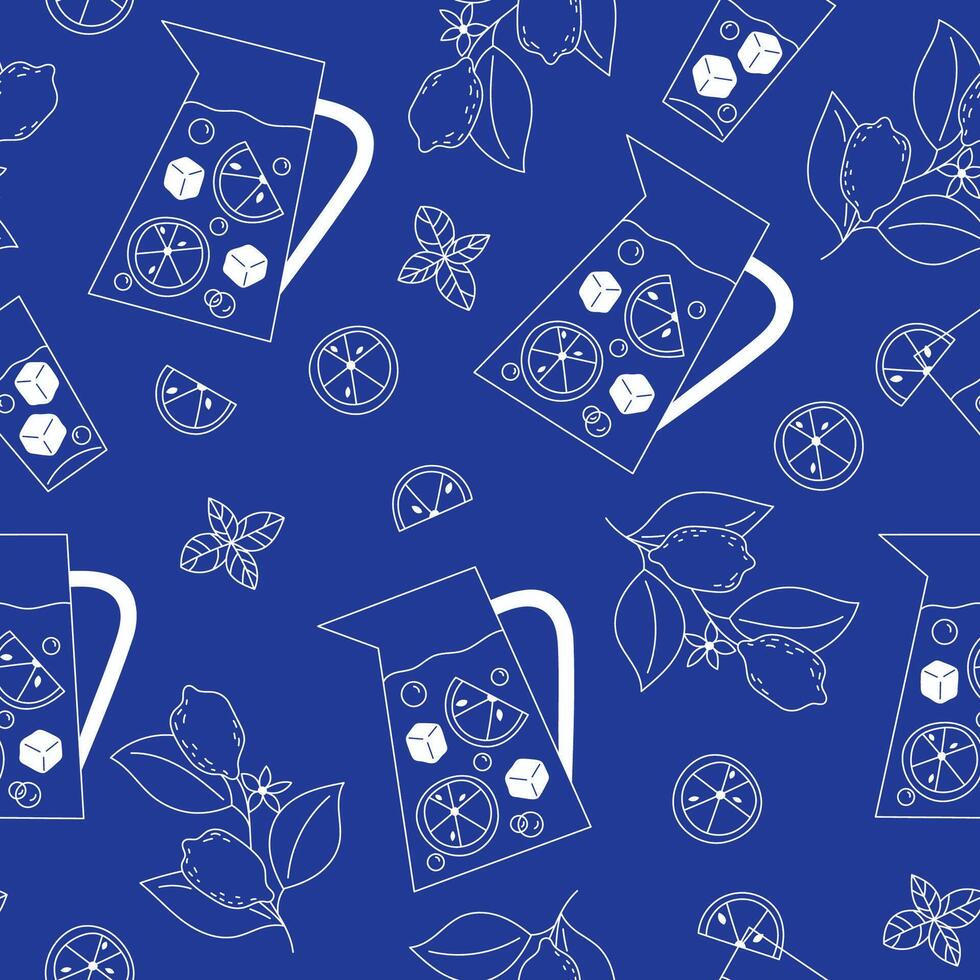Seamless Pattern of Lemonade Lemons Mint Ice and Cold Drinks in Flat Style on Blue Background vector
