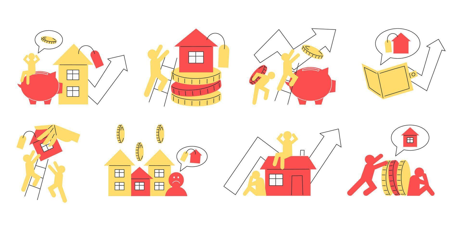 Set of Simple Flat Style Illustrations Depicting Housing Crisis Overpriced Homes and Rising Costs for Websites vector