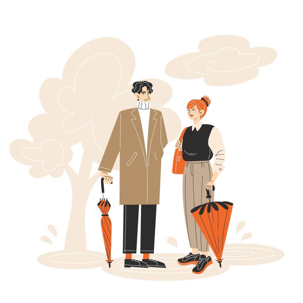 Young Light-Skinned Couple Walking in the Rain with Umbrella in Autumn Park Wearing Casual Business Outfits Flat Style Illustration vector