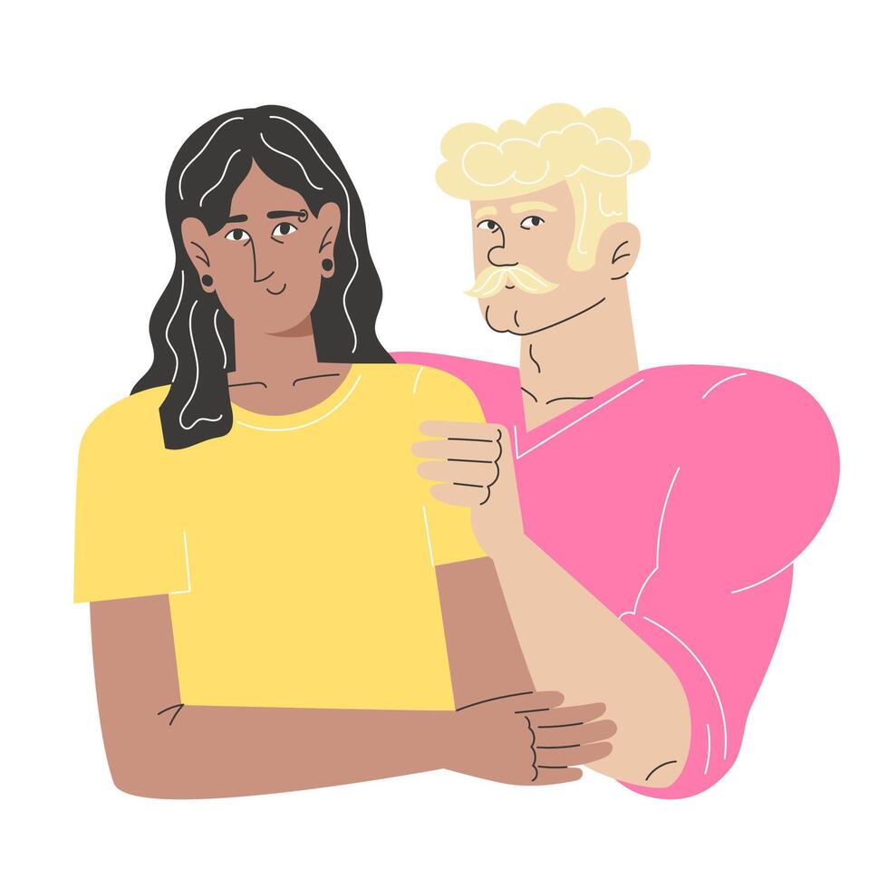 Flat Style Illustration of Interracial Gay Couple Hugging, LGBT Diversity and Love Representation vector