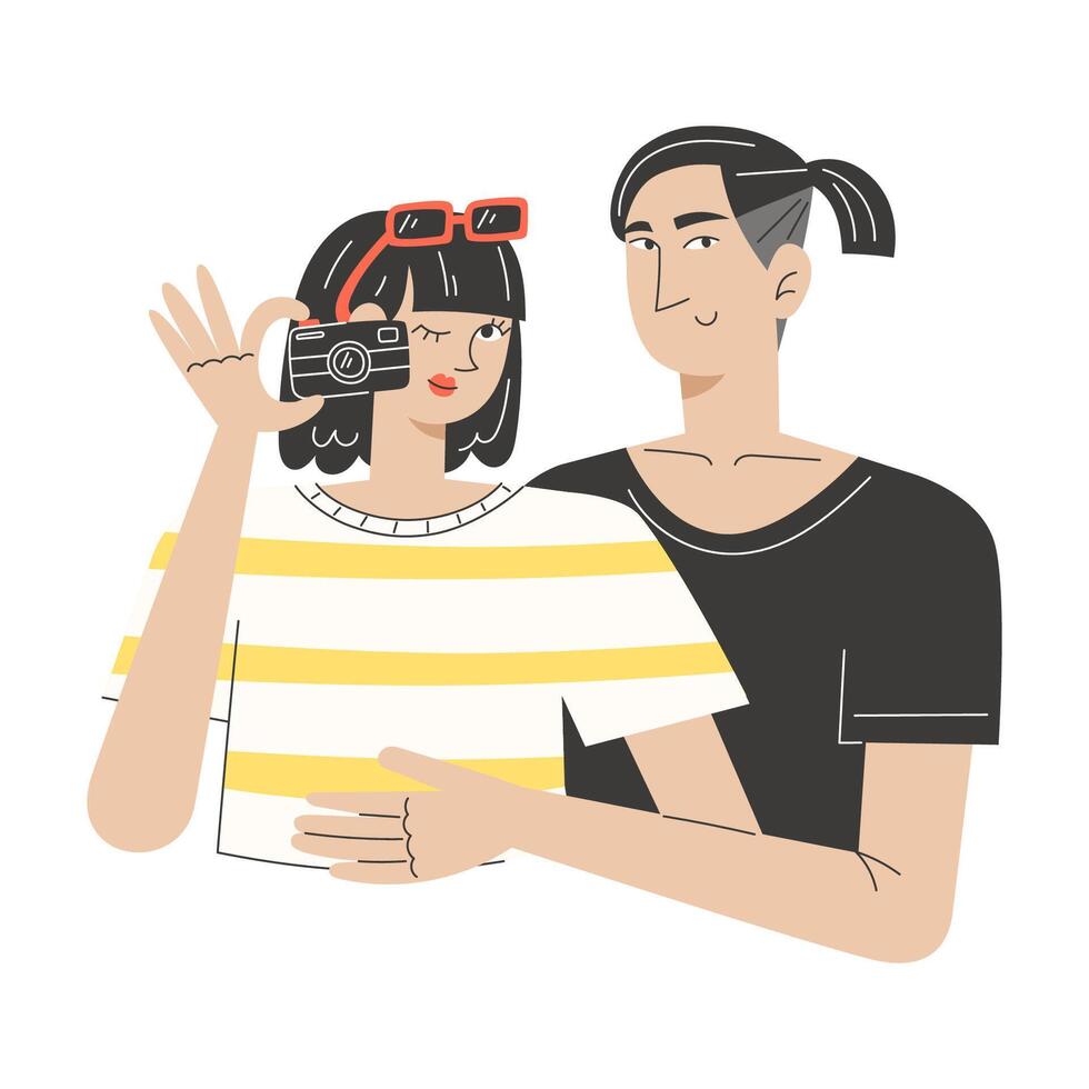 Flat Style Illustration of Young Asian Couple Hugging and Taking a Selfie Together vector