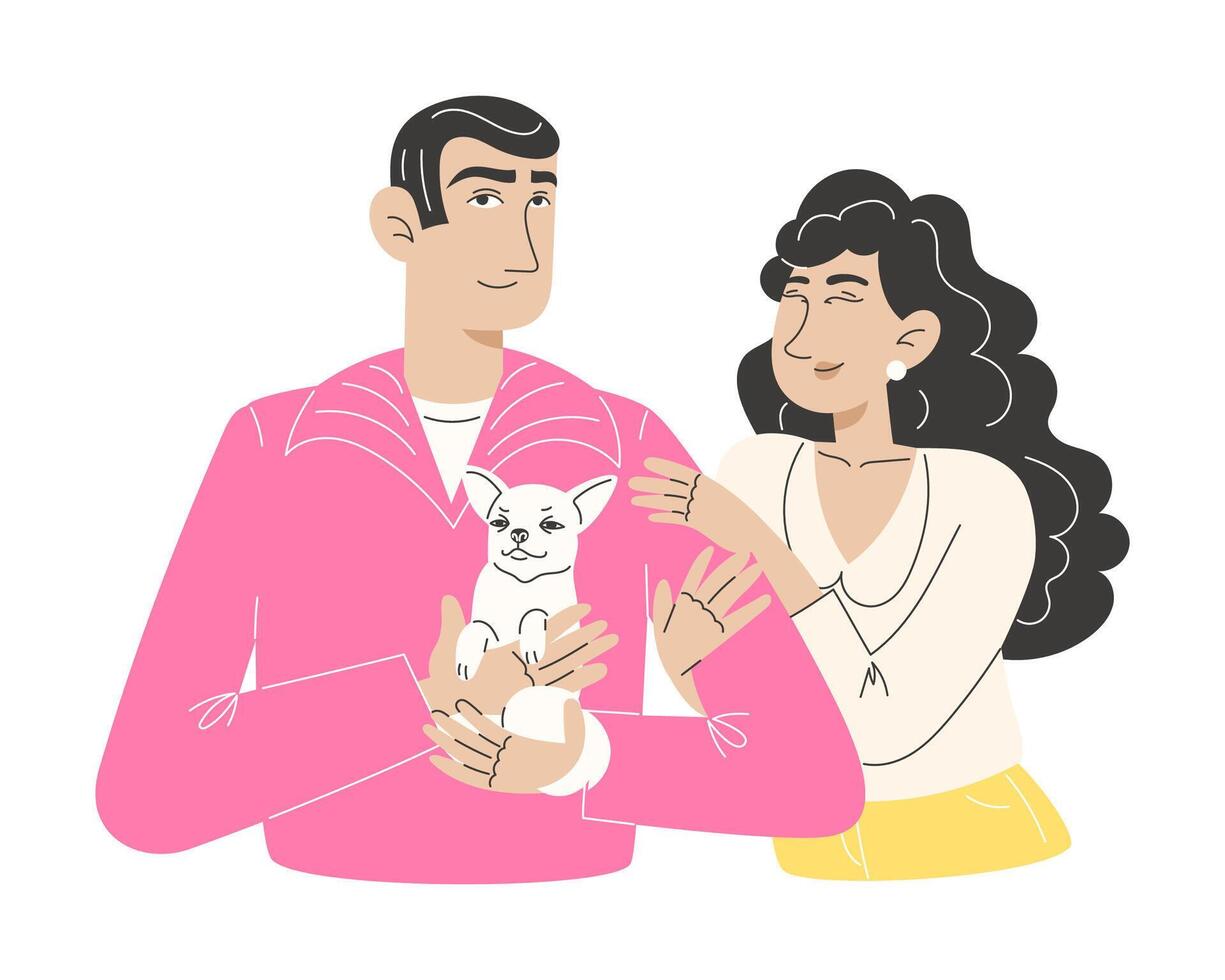 Happy young couple smiling with their cute chihuahua dog in flat style illustration vector