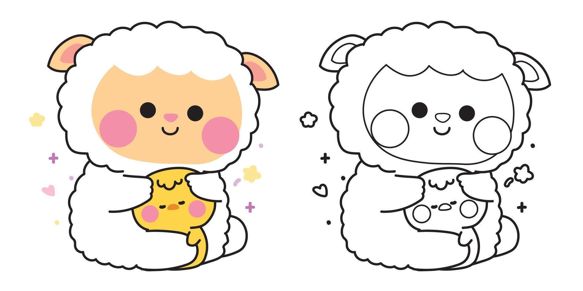 Coloring pages.Cute sheep doll hug tiny chicken with heart and star.Friend.Love.Farm and bird animal character cartoon design.Painting book.Kawaii.Illustration. vector
