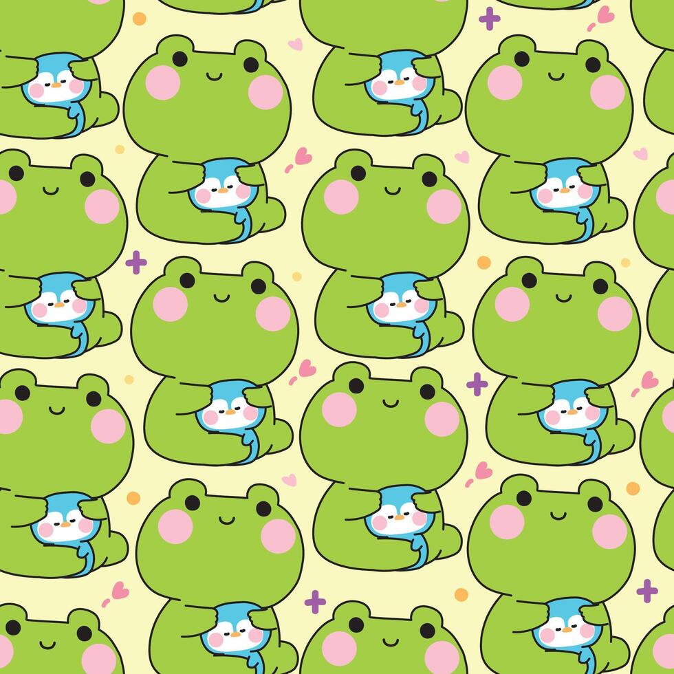 Seamless pattern of cute frog doll hug tiny penguin with heart background.Friend.Love.Reptile and polar bird animal character cartoon design.Painting book.Kawaii.Illustration. vector
